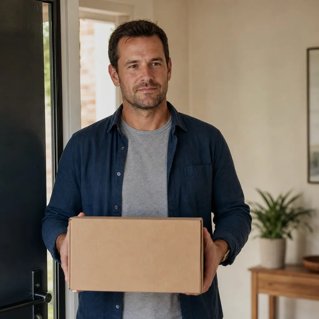 A man at home in soft daylight, holding a plain unmarked parcel by his front door.